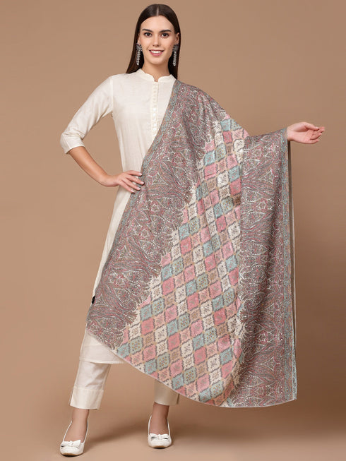 Women's Floral Printed Aari Embroidery Kalamkari Wool Shawl